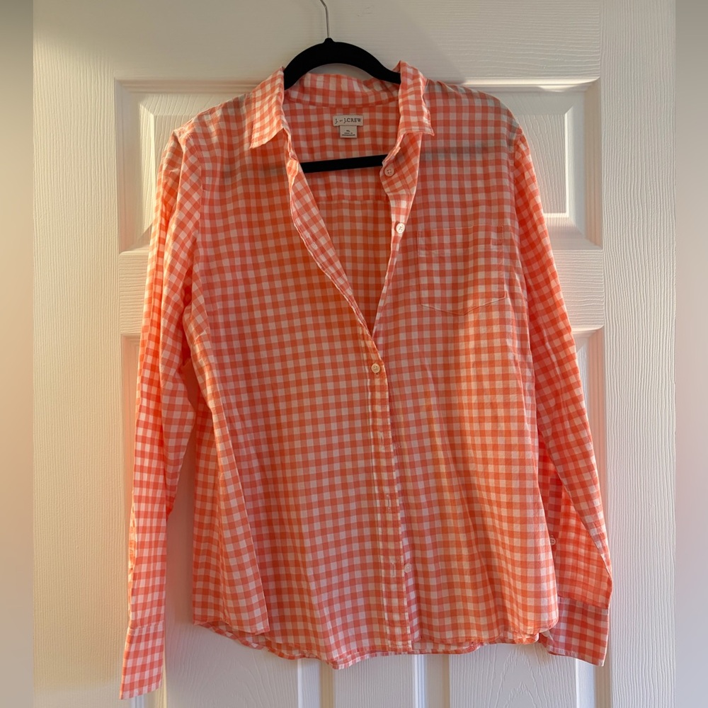 J. Crew Coral Gingham Long Sleeve Shirt